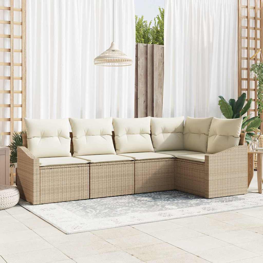 Tuinbankenset met kussen 5 pcs Beige en Wit poly rattan is nu te koop bij PeponiXL, paradijselijk wonen!