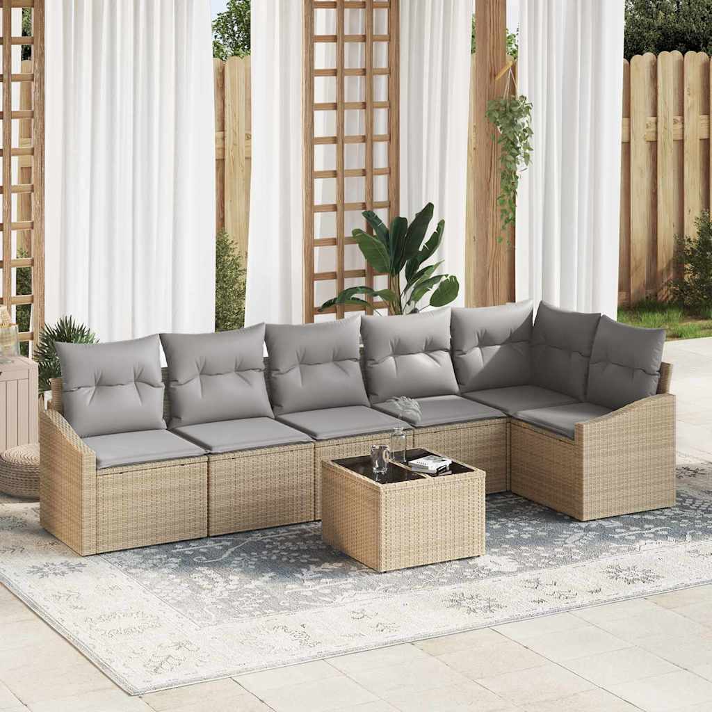 Tuinbankenset met kussen 7 pcs Beige en Licht Grijs poly rattan is nu te koop bij PeponiXL, paradijselijk wonen!