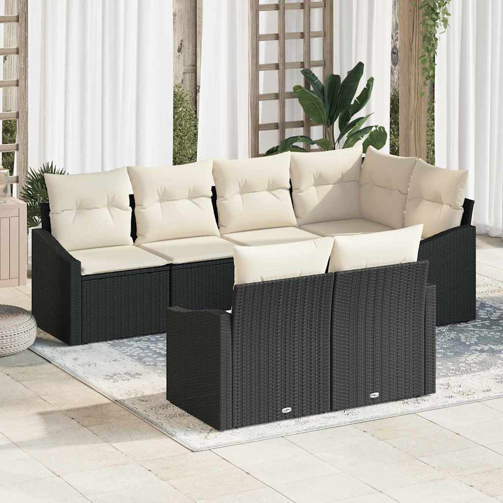Tuinbankenset met kussen 7 pcs Zwart en Wit poly rattan is nu te koop bij PeponiXL, paradijselijk wonen!