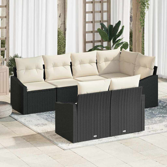 Tuinbankenset met kussen 7 pcs Zwart en Wit poly rattan is nu te koop bij PeponiXL, paradijselijk wonen!