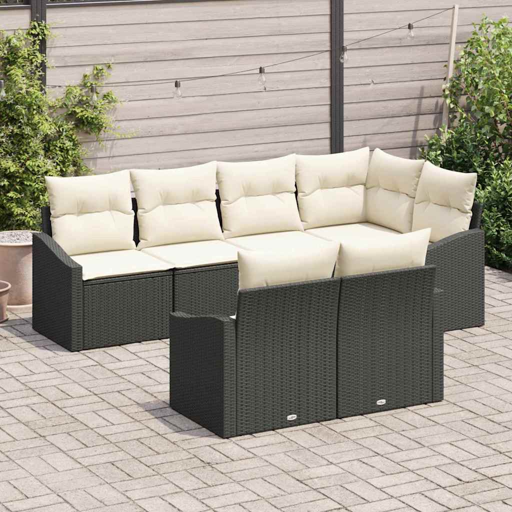 Tuinbankenset met kussen 7 pcs Zwart en Wit poly rattan is nu te koop bij PeponiXL, paradijselijk wonen!