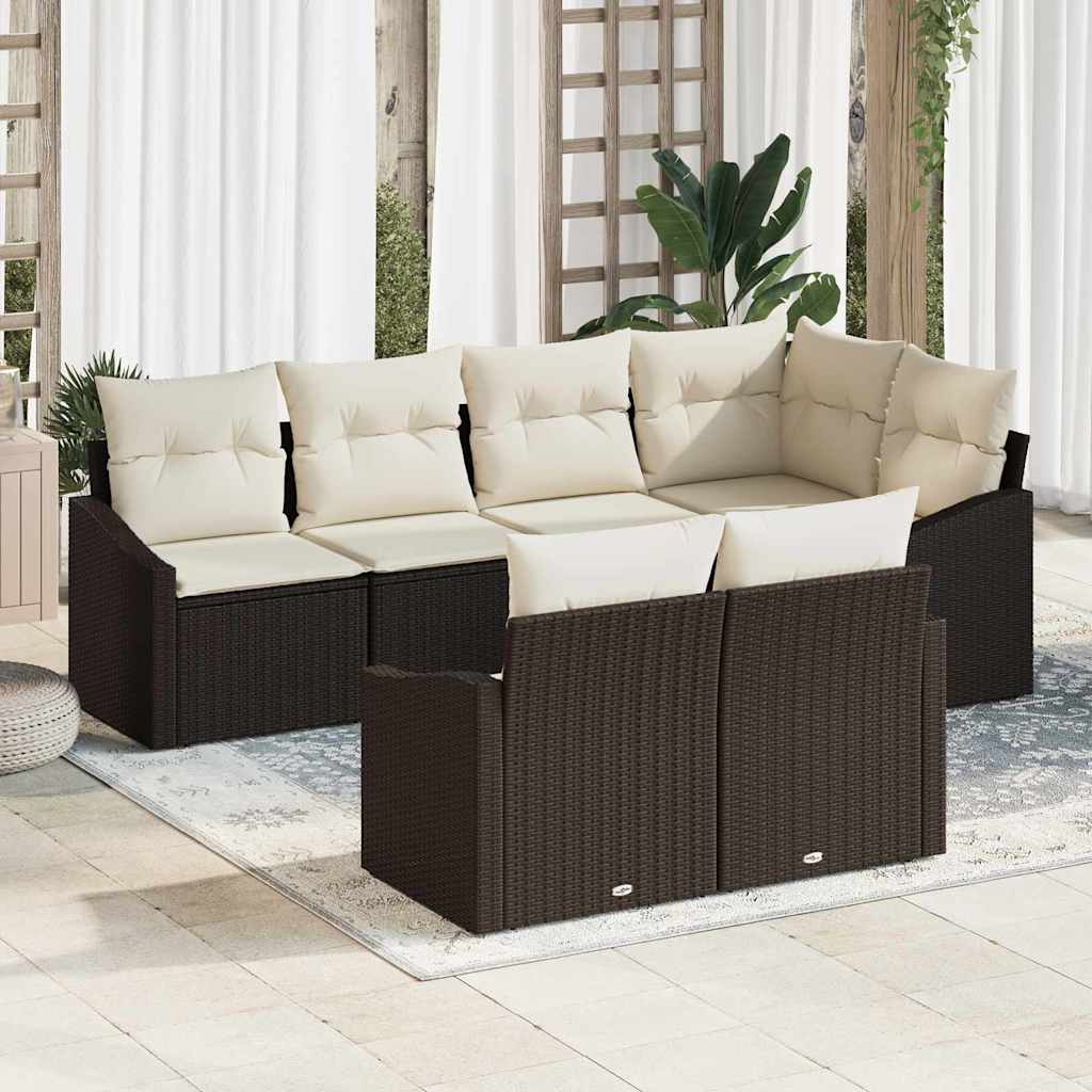Tuinbankenset met kussen 7 pcs Bruin en wit poly rattan is nu te koop bij PeponiXL, paradijselijk wonen!