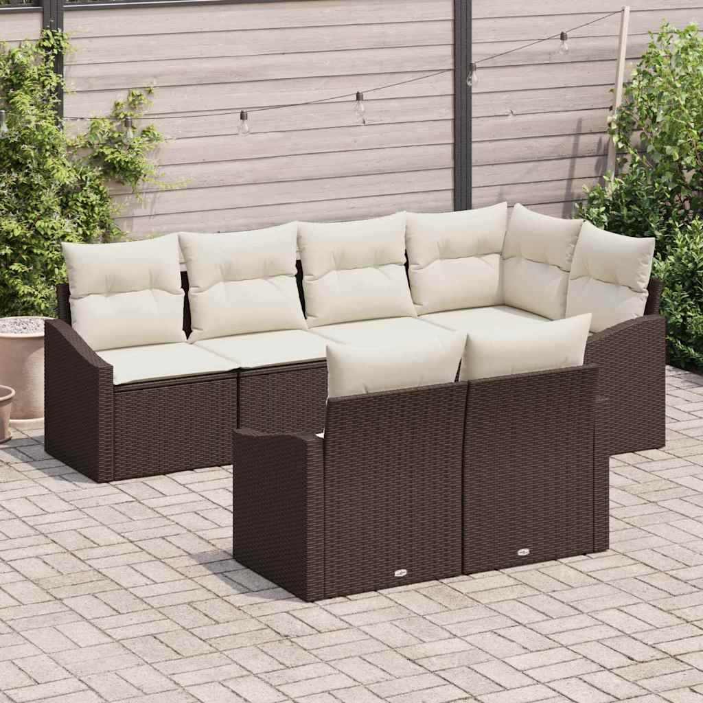 Tuinbankenset met kussen 7 pcs Bruin en wit poly rattan is nu te koop bij PeponiXL, paradijselijk wonen!