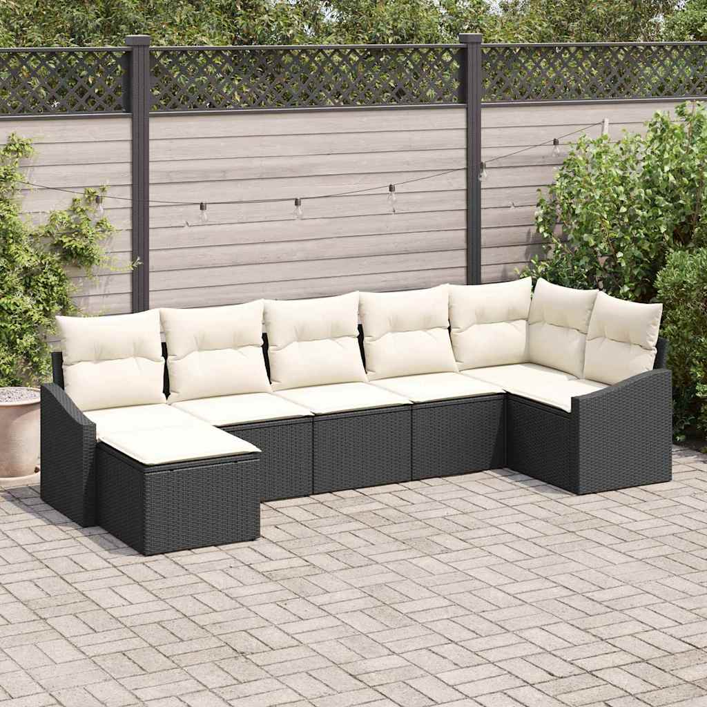 Tuin Sofa Set met kussen 7 pcs Zwart en Crème poly rattan is nu te koop bij PeponiXL, paradijselijk wonen!