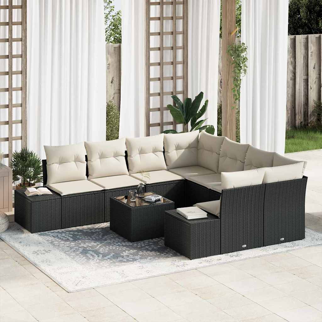 Tuin Sofa Set met kussen 9 pcs Zwart en Crème poly rattan is nu te koop bij PeponiXL, paradijselijk wonen!