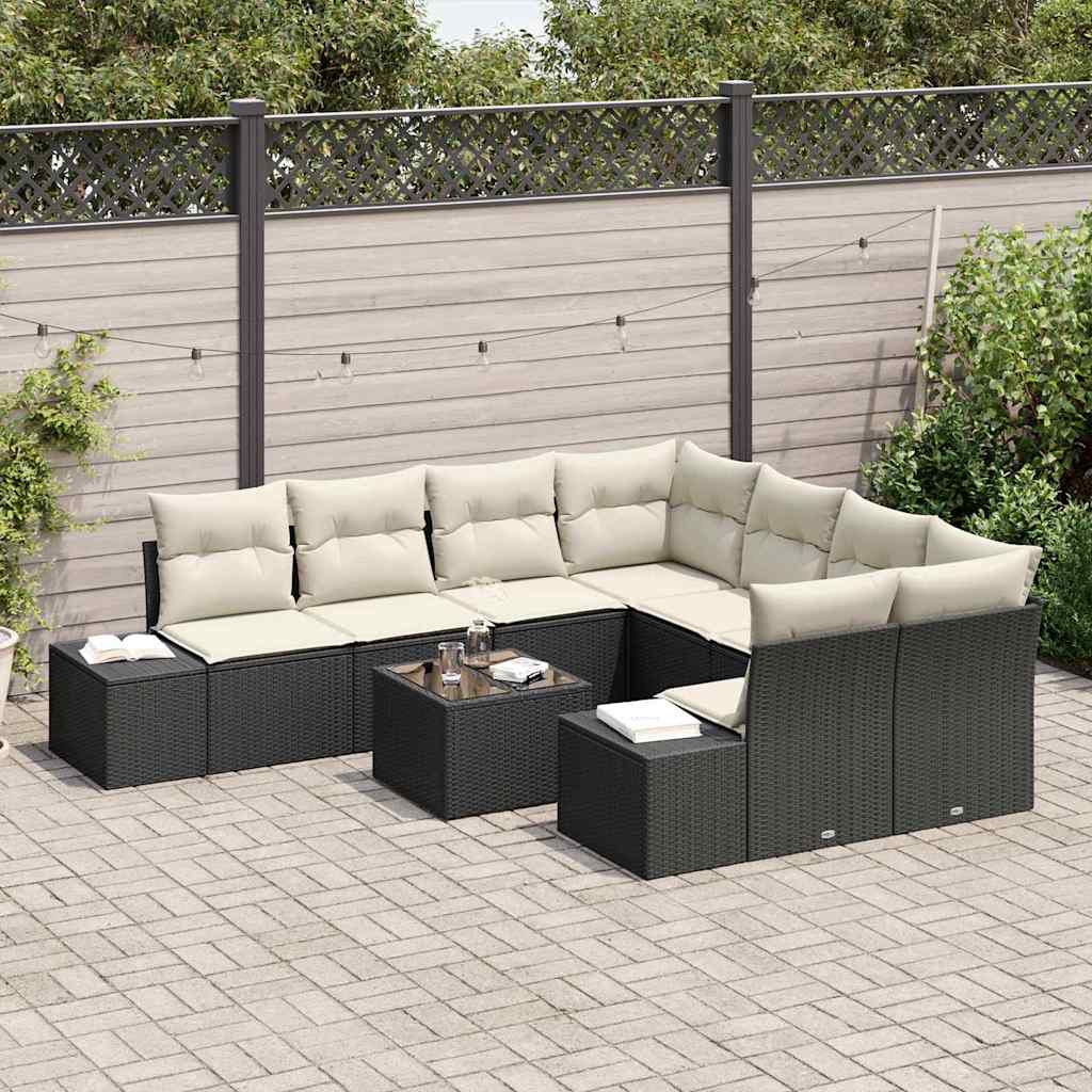 Tuin Sofa Set met kussen 9 pcs Zwart en Crème poly rattan is nu te koop bij PeponiXL, paradijselijk wonen!