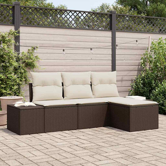 Tuin Sofa Set met kussen 4 pcs Bruin en Crème poly rattan is nu te koop bij PeponiXL, paradijselijk wonen!