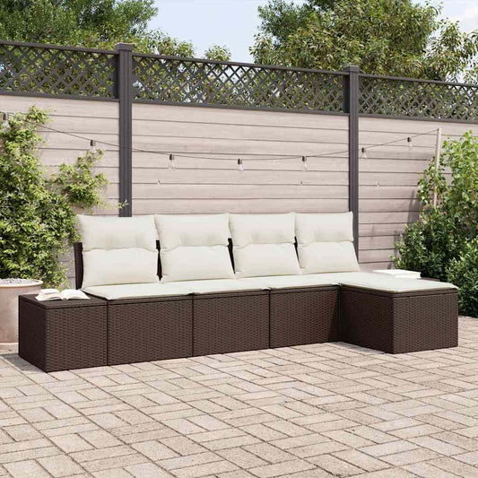 Tuin Sofa Set met kussen 5 pcs Bruin en Crème poly rattan is nu te koop bij PeponiXL, paradijselijk wonen!