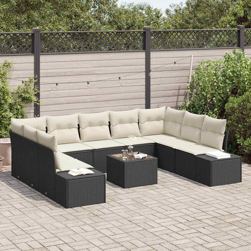 Tuinbankenset met kussen 9 pcs Zwart en Crème Polyrattan is nu te koop bij PeponiXL, paradijselijk wonen!