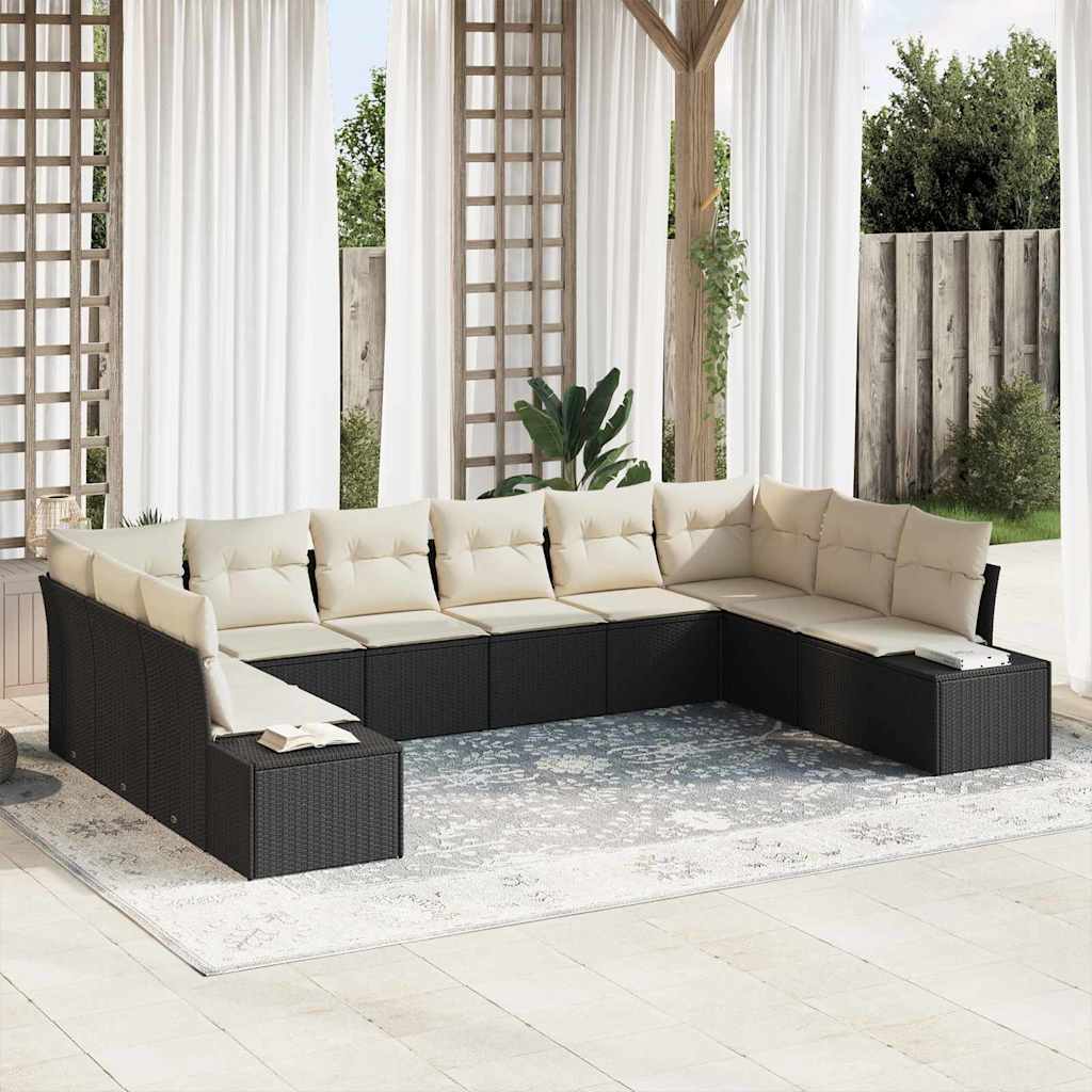 Tuinbankenset met kussen 10 pcs Zwart en Crème Polyrattan is nu te koop bij PeponiXL, paradijselijk wonen!
