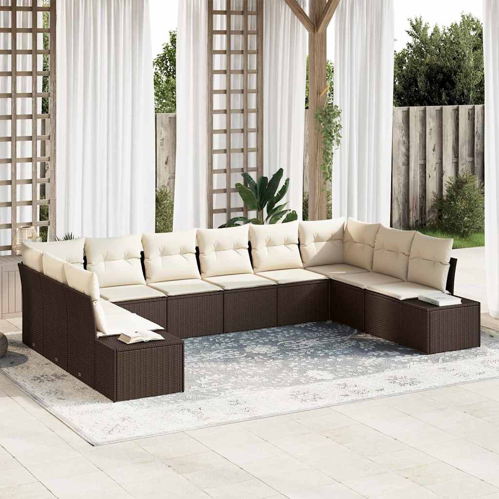 Tuinbankenset met kussen 10 pcs Bruin en Crème Polyrattan is nu te koop bij PeponiXL, paradijselijk wonen!