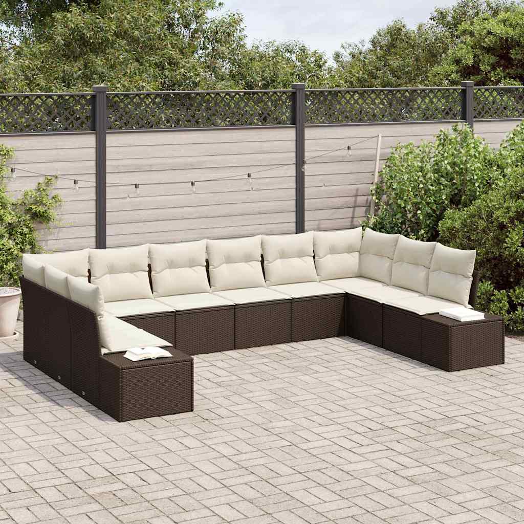 Tuinbankenset met kussen 10 pcs Bruin en Crème Polyrattan is nu te koop bij PeponiXL, paradijselijk wonen!
