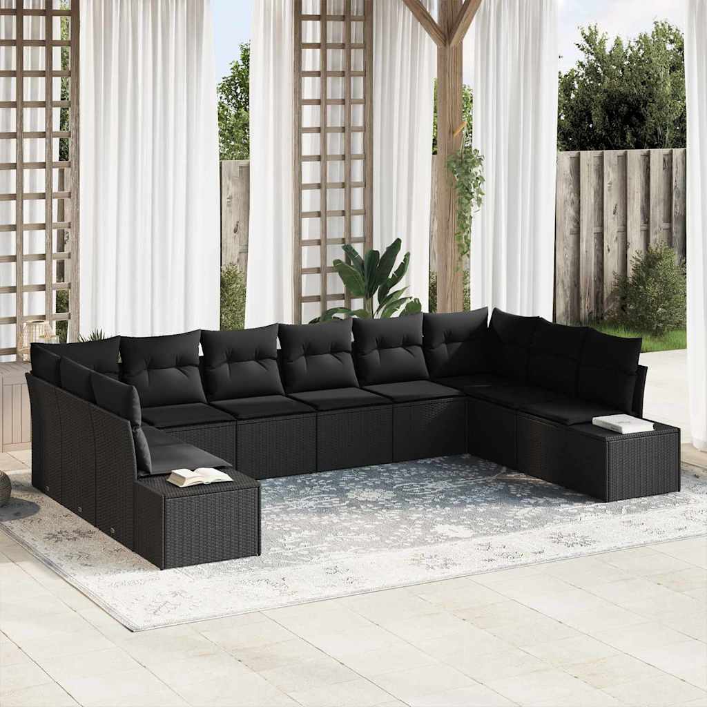 Tuinbankenset met kussen 10 pcs Zwart Polyrattan is nu te koop bij PeponiXL, paradijselijk wonen!
