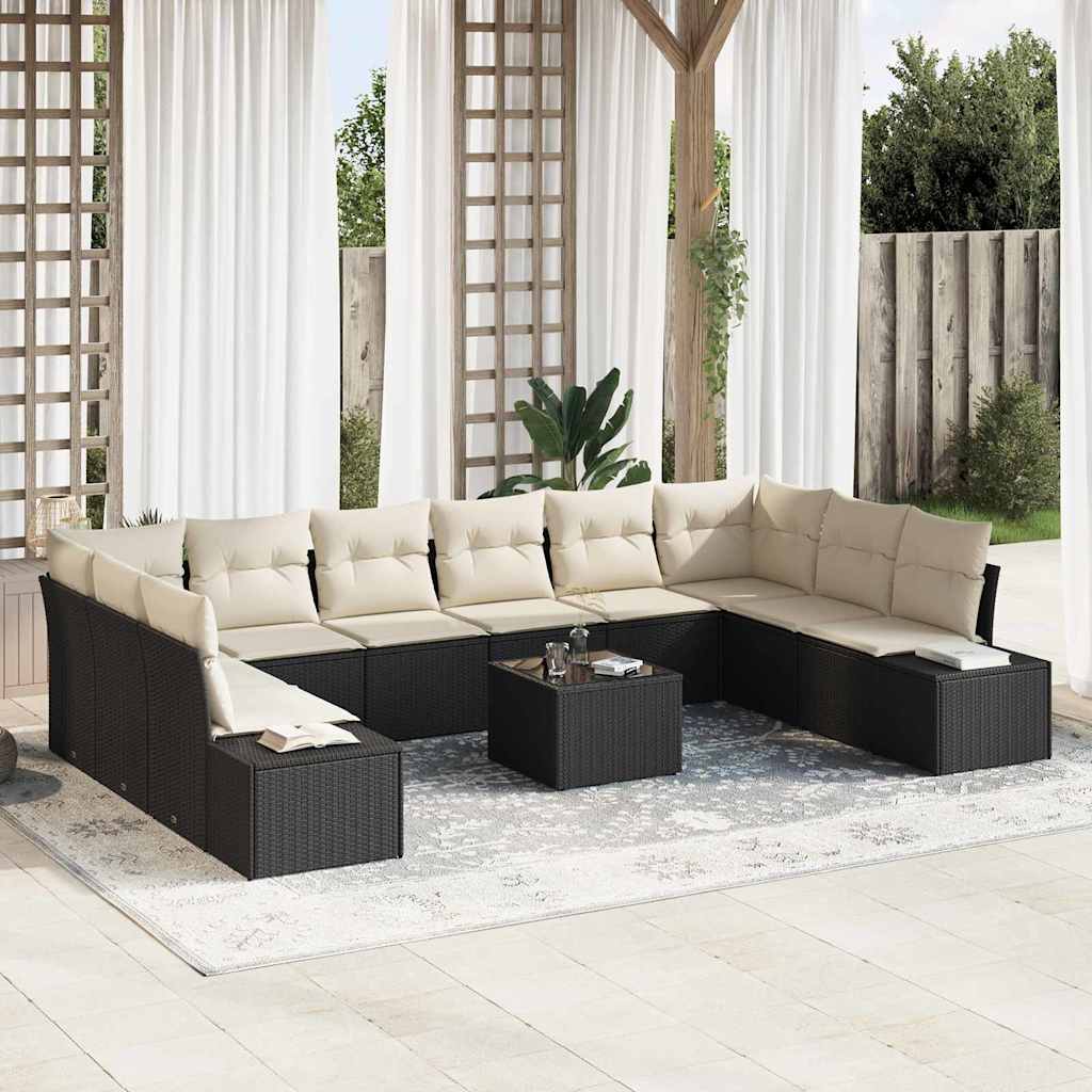 Tuinbankenset met kussen 10 pcs Zwart en Crème Polyrattan is nu te koop bij PeponiXL, paradijselijk wonen!