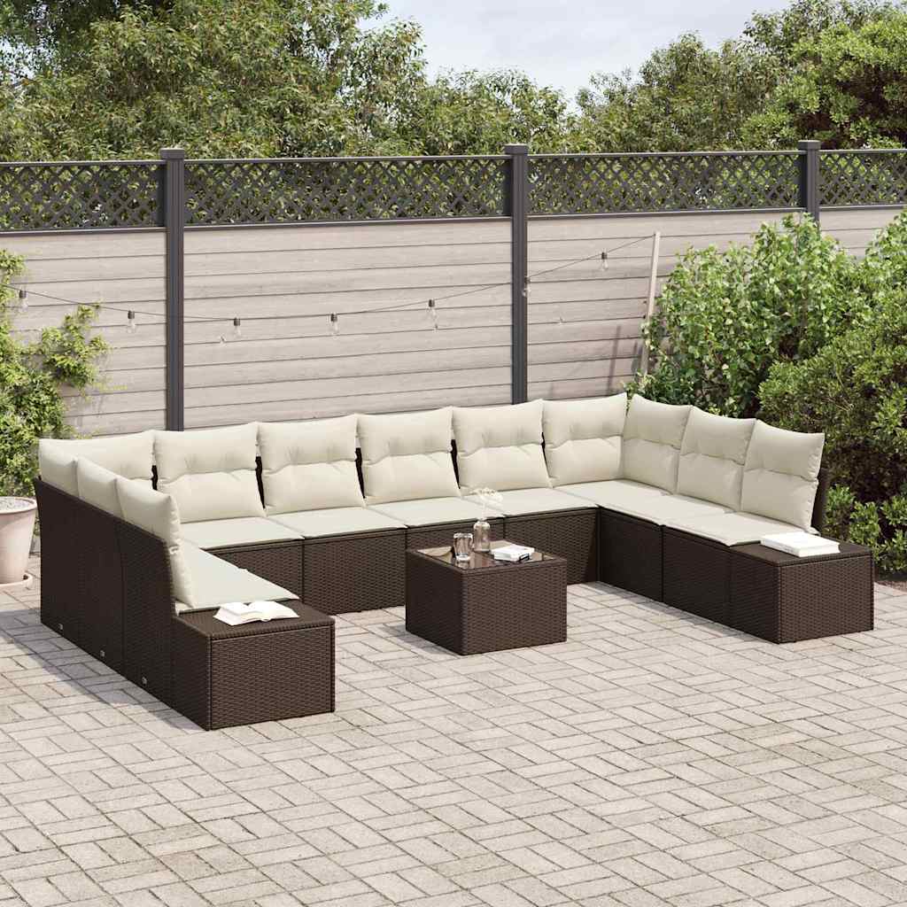 Tuinbankenset met kussen 10 pcs Bruin en Crème Polyrattan is nu te koop bij PeponiXL, paradijselijk wonen!