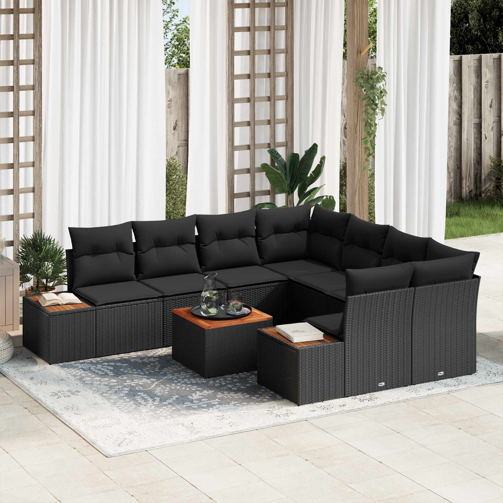 Tuin Sofa Set met kussen met opslag 9 pcs Zwart Poly riet is nu te koop bij PeponiXL, paradijselijk wonen!