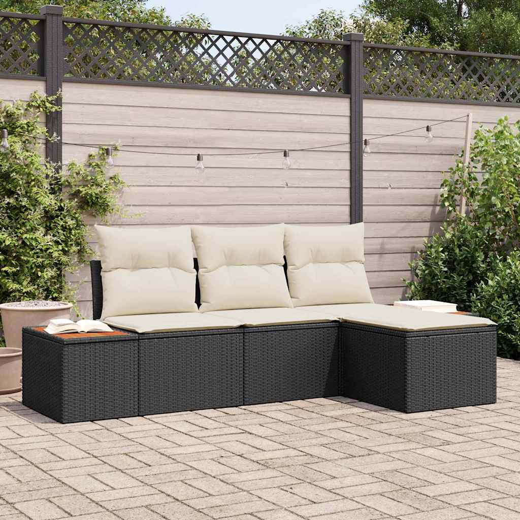 Tuin Sofa Set met kussen 4 pcs Zwart en Crème Poly Rattan is nu te koop bij PeponiXL, paradijselijk wonen!