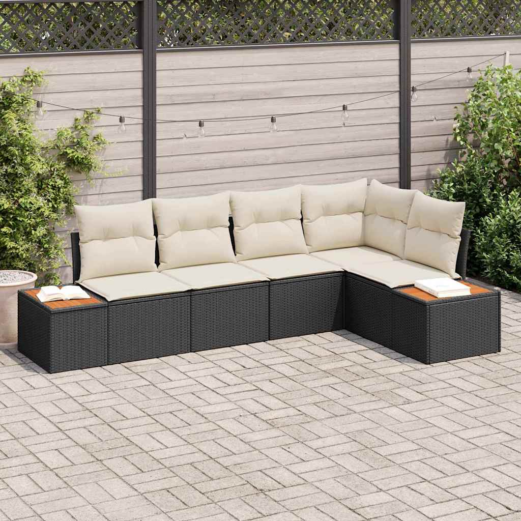 Tuin Sofa Set met kussen 5 pcs Zwart en crème Poly riet is nu te koop bij PeponiXL, paradijselijk wonen!