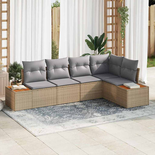 Tuin Sofa Set met kussen 5 pcs beige en lichtgrijs Poly riet is nu te koop bij PeponiXL, paradijselijk wonen!