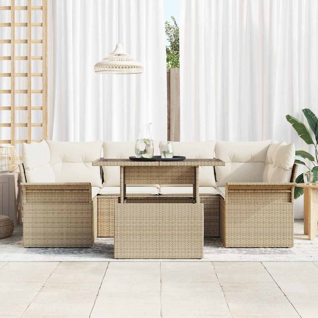 Tuin Sofa Set met kussen met opslag 7 pcs Beige Poly Rattan is nu te koop bij PeponiXL, paradijselijk wonen!