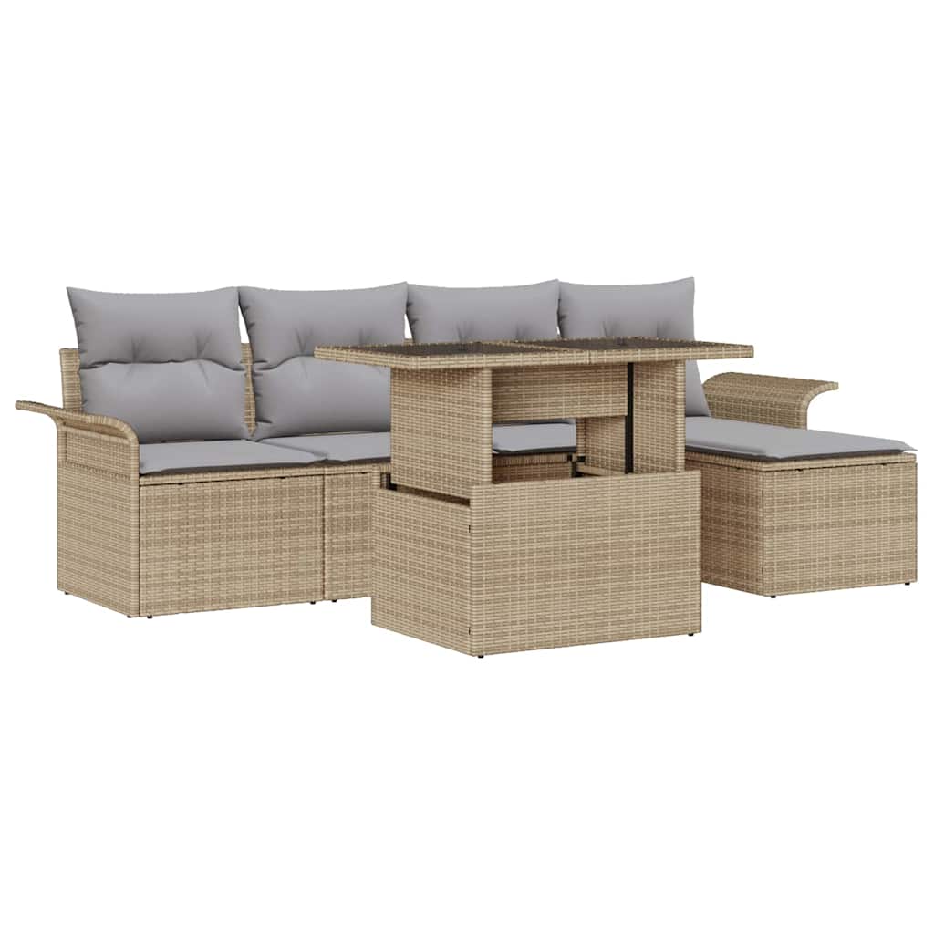 Tuin Sofa Set met kussen met opslag 6 pcs Beige Poly riet is nu te koop bij PeponiXL, paradijselijk wonen!