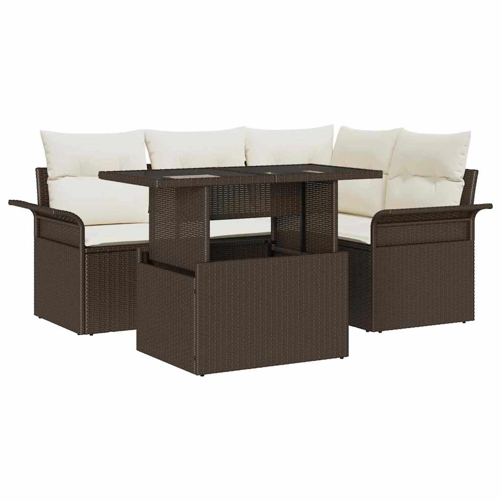 Tuin Sofa Set met kussen met opslag 5 pcs Bruin Poly riet is nu te koop bij PeponiXL, paradijselijk wonen!