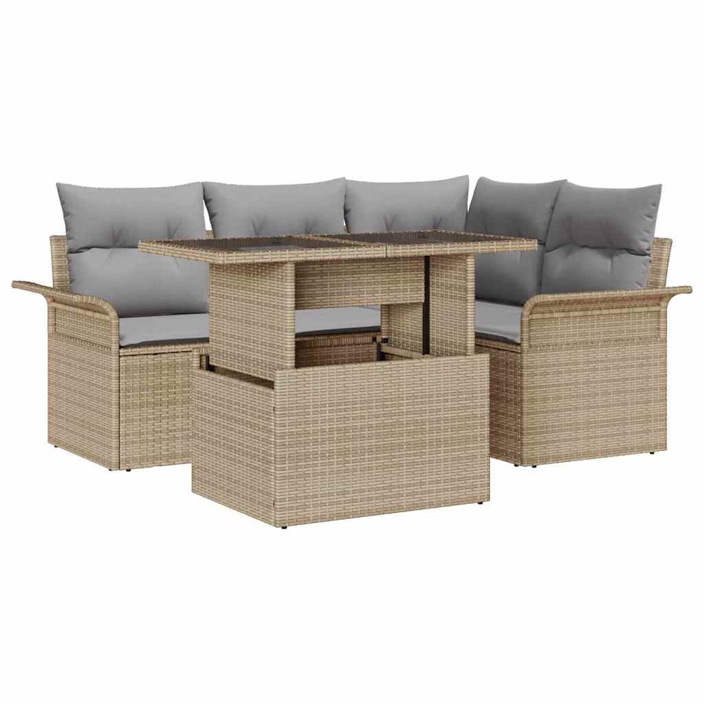 Tuin Sofa Set met kussen met opslag 5 pcs Beige Poly riet is nu te koop bij PeponiXL, paradijselijk wonen!