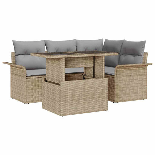 Tuin Sofa Set met kussen met opslag 5 pcs Beige Poly riet is nu te koop bij PeponiXL, paradijselijk wonen!
