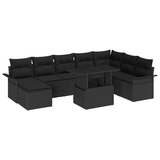 Tuin Sofa Set 9 pcs Zwart Poly Rattan en Poedergecoat Staal is nu te koop bij PeponiXL, paradijselijk wonen!
