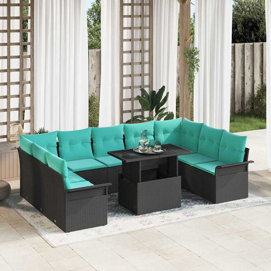 Tuin Sofa Set met kussen met kussen 10 pcs Zwart Poly Rattan is nu te koop bij PeponiXL, paradijselijk wonen!