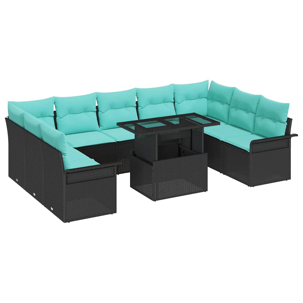Tuin Sofa Set met kussen met kussen 10 pcs Zwart Poly Rattan is nu te koop bij PeponiXL, paradijselijk wonen!