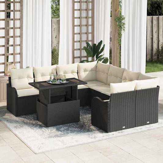 Tuinbankenset met kussen met kussen 9 pcs Zwart Polyrattan is nu te koop bij PeponiXL, paradijselijk wonen!