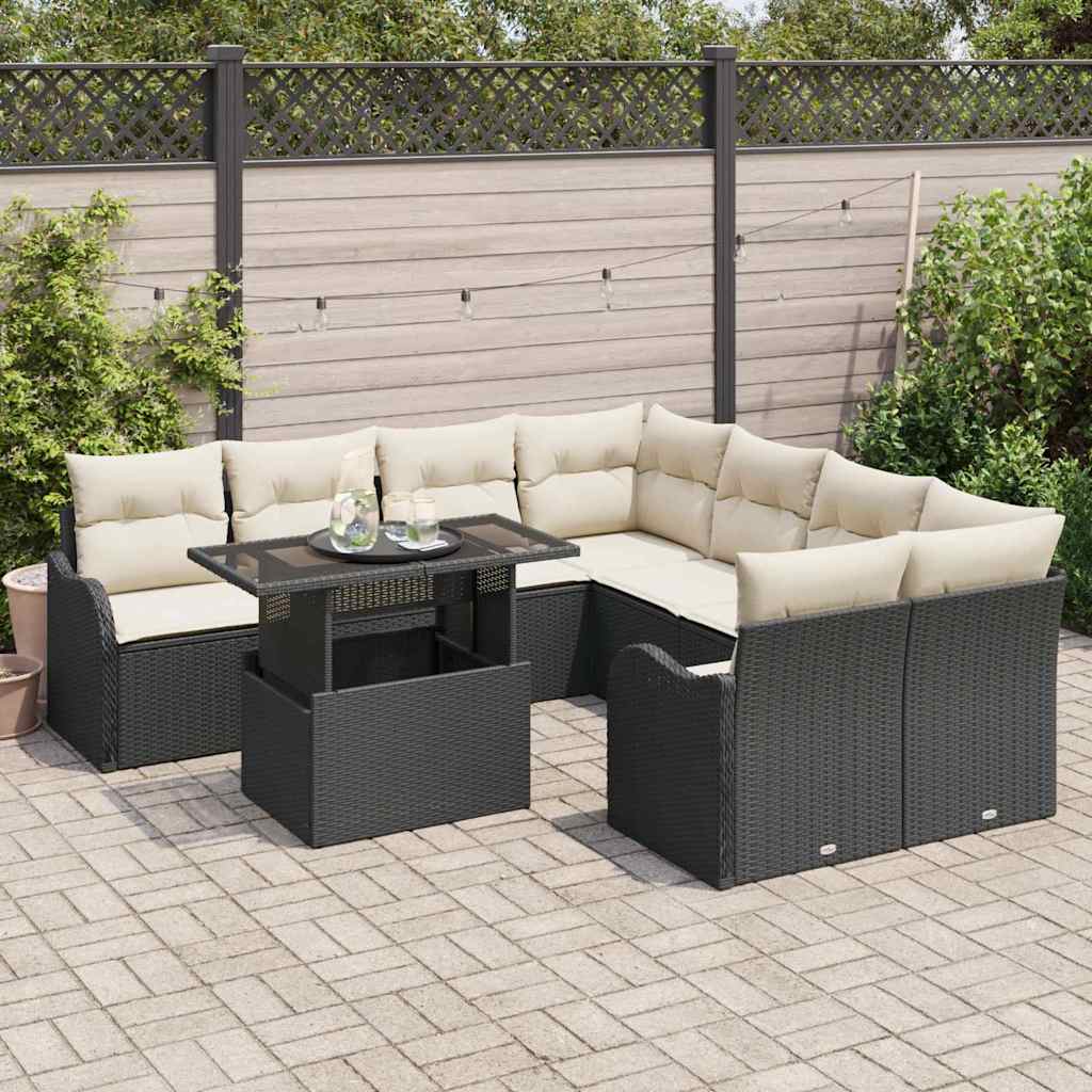 Tuinbankenset met kussen met kussen 9 pcs Zwart Polyrattan is nu te koop bij PeponiXL, paradijselijk wonen!