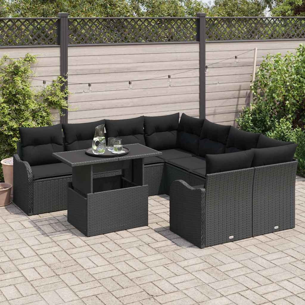 Tuinbankenset met kussen met kussen 9 pcs Zwart Polyrattan is nu te koop bij PeponiXL, paradijselijk wonen!