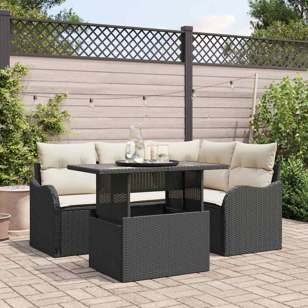 Tuin Sofa Set met kussen met kussen 5 pcs Zwart Poly Rattan is nu te koop bij PeponiXL, paradijselijk wonen!