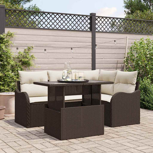 Tuin Sofa Set met kussen met kussen 5 pcs Bruin Poly Rattan is nu te koop bij PeponiXL, paradijselijk wonen!