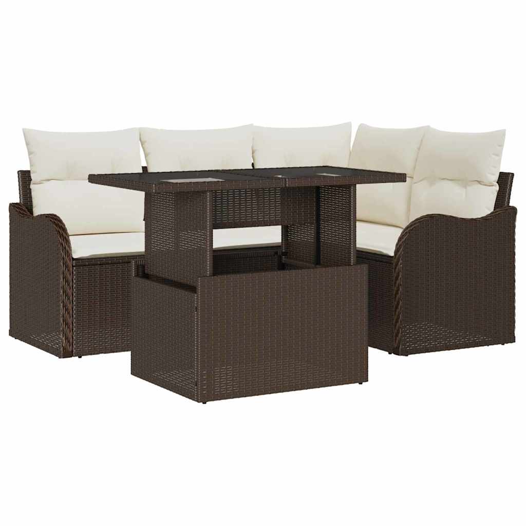 Tuin Sofa Set met kussen met kussen 5 pcs Bruin Poly Rattan is nu te koop bij PeponiXL, paradijselijk wonen!