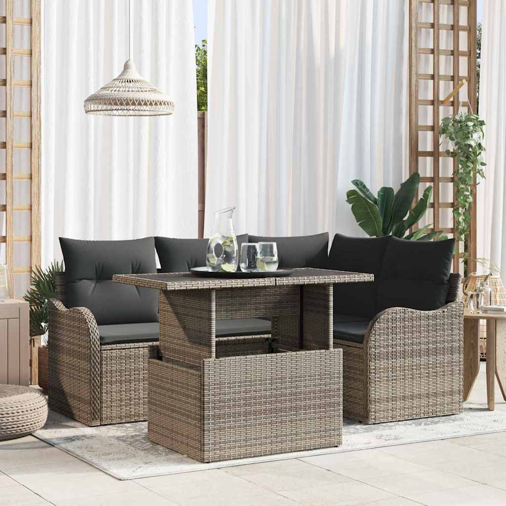 Tuin Sofa Set met kussen met kussen 5 pcs Grijs Poly Rattan is nu te koop bij PeponiXL, paradijselijk wonen!