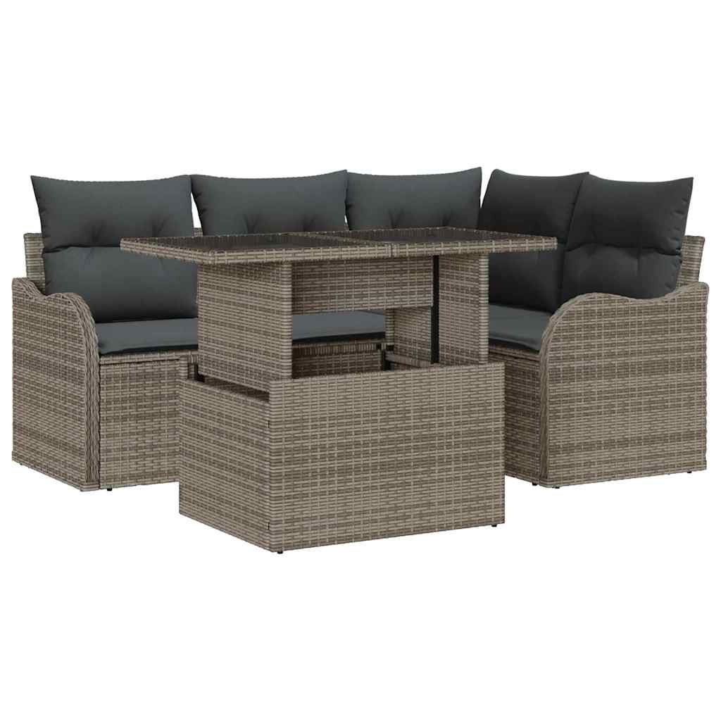 Tuin Sofa Set met kussen met kussen 5 pcs Grijs Poly Rattan is nu te koop bij PeponiXL, paradijselijk wonen!
