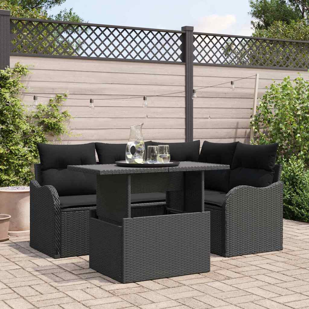 Tuin Sofa Set met kussen met kussen 5 pcs Zwart Poly Rattan is nu te koop bij PeponiXL, paradijselijk wonen!