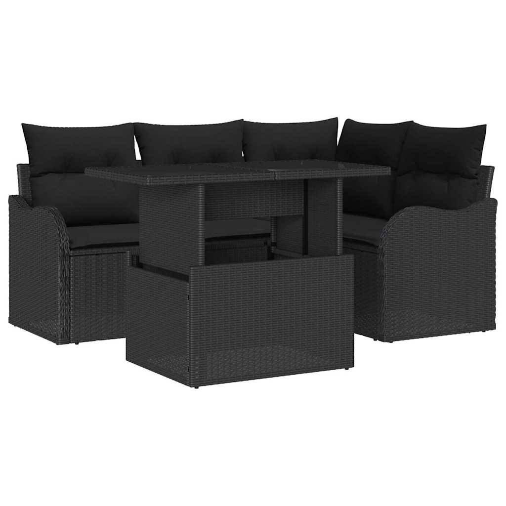 Tuin Sofa Set met kussen met kussen 5 pcs Zwart Poly Rattan is nu te koop bij PeponiXL, paradijselijk wonen!