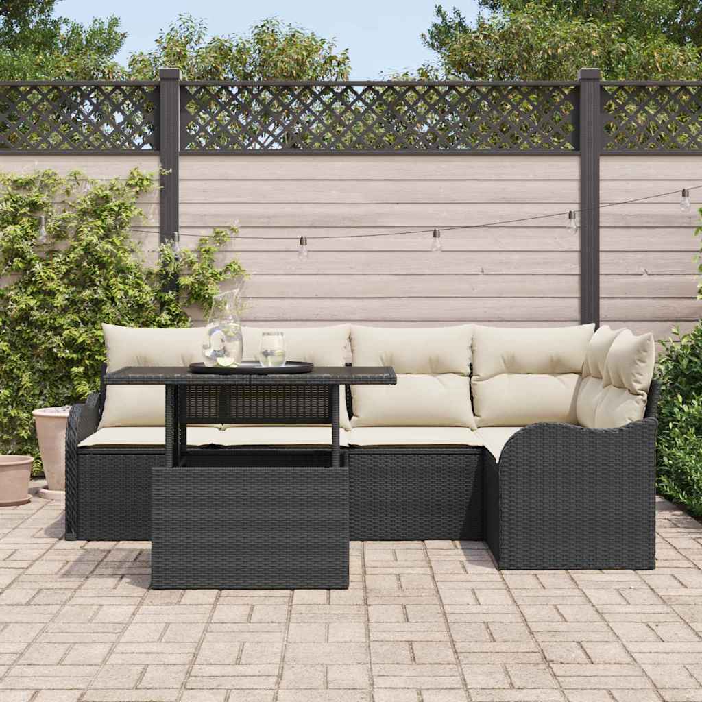 Tuin Sofa Set met kussen met kussen 6 pcs Zwart Poly Rattan is nu te koop bij PeponiXL, paradijselijk wonen!