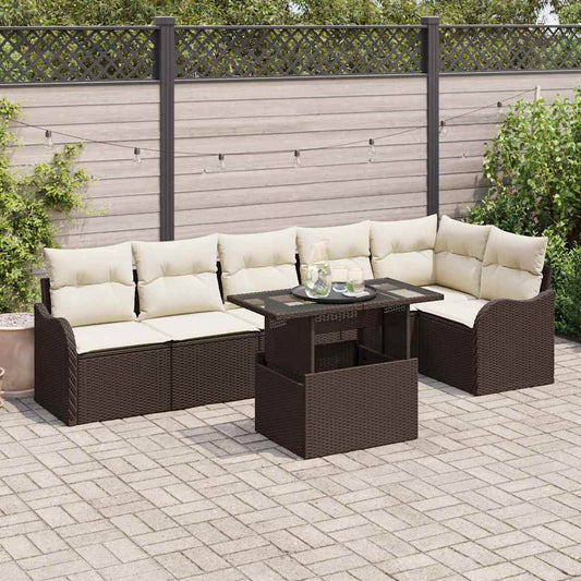 Tuin Sofa Set met kussen met kussen 7 pcs Bruin Poly Rattan is nu te koop bij PeponiXL, paradijselijk wonen!