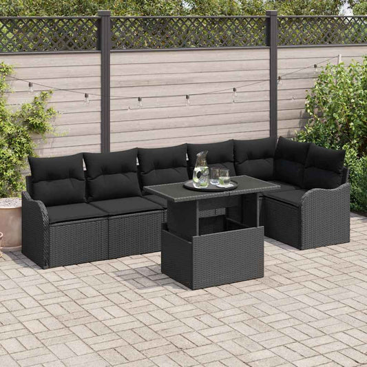 Tuin Sofa Set met kussen met kussen 7 pcs Zwart Poly Rattan is nu te koop bij PeponiXL, paradijselijk wonen!