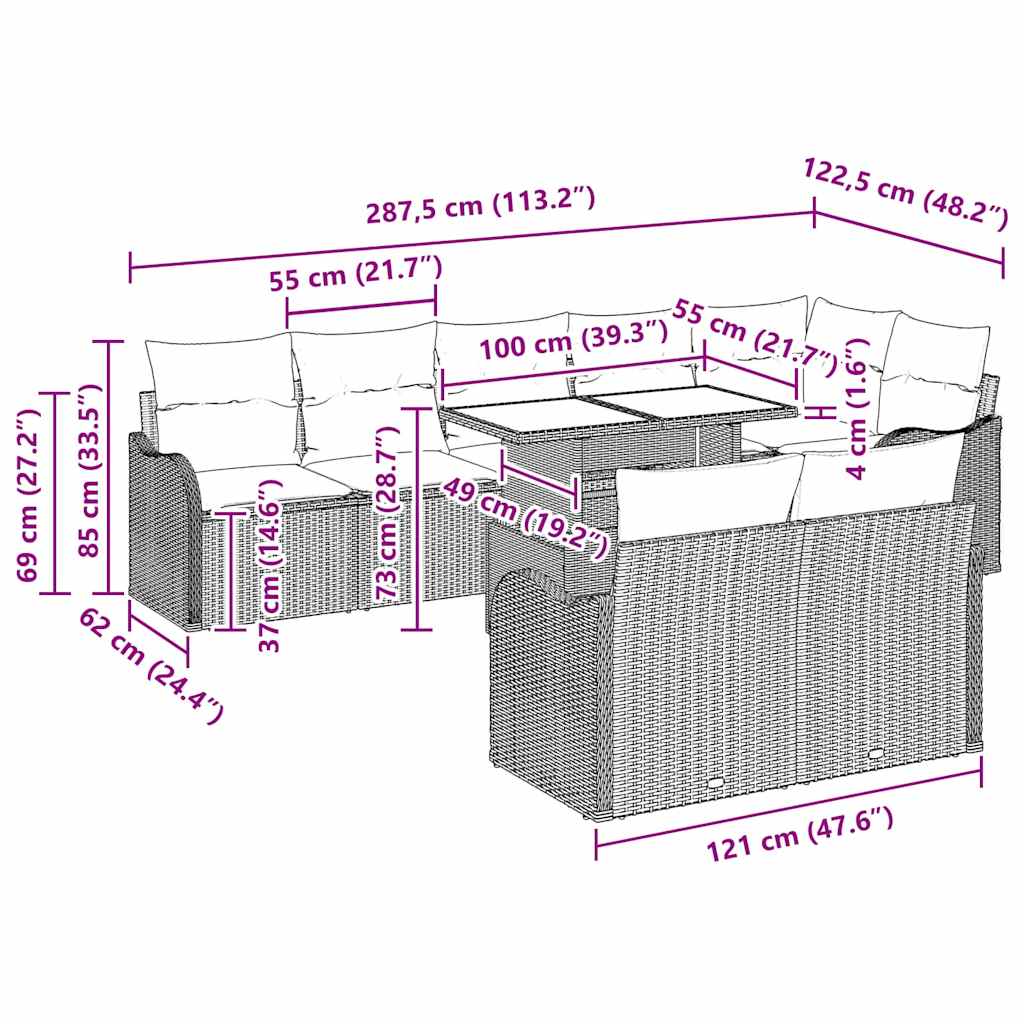 Tuin Sofa Set met kussen met kussen 9 pcs Bruin Poly Rattan is nu te koop bij PeponiXL, paradijselijk wonen!