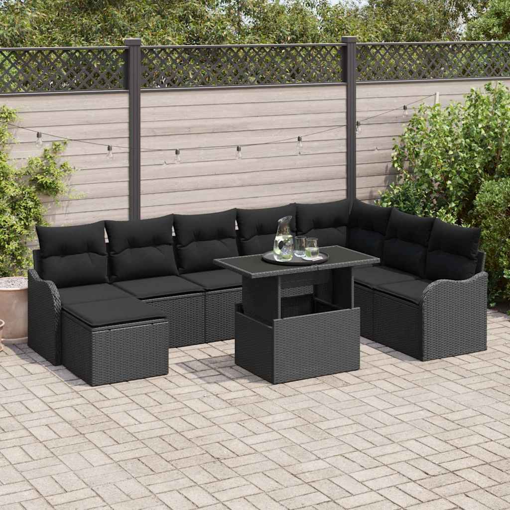 Tuin Sofa Set met kussen met opslag 9 pcs Zwart Poly riet is nu te koop bij PeponiXL, paradijselijk wonen!