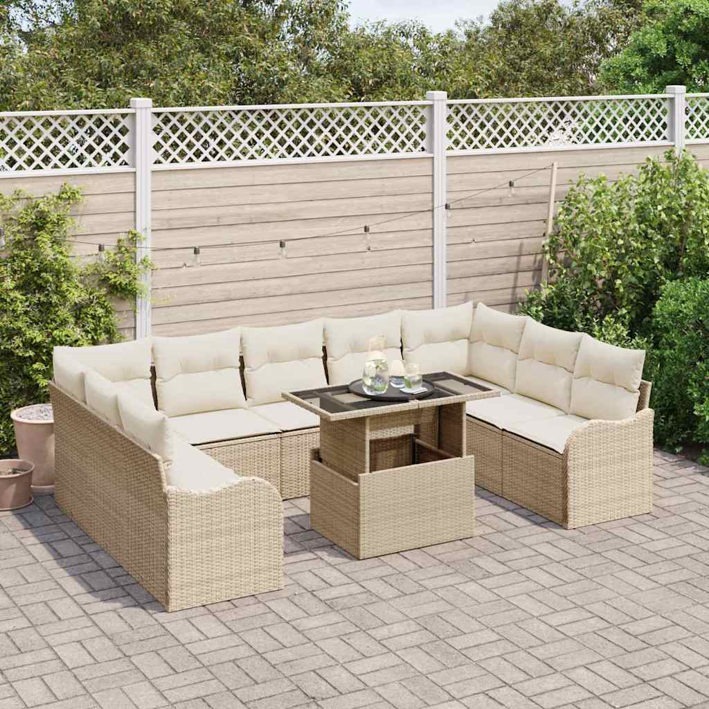 Tuin Sofa Set met kussen met kussen 10 pcs Beige Poly Rattan is nu te koop bij PeponiXL, paradijselijk wonen!
