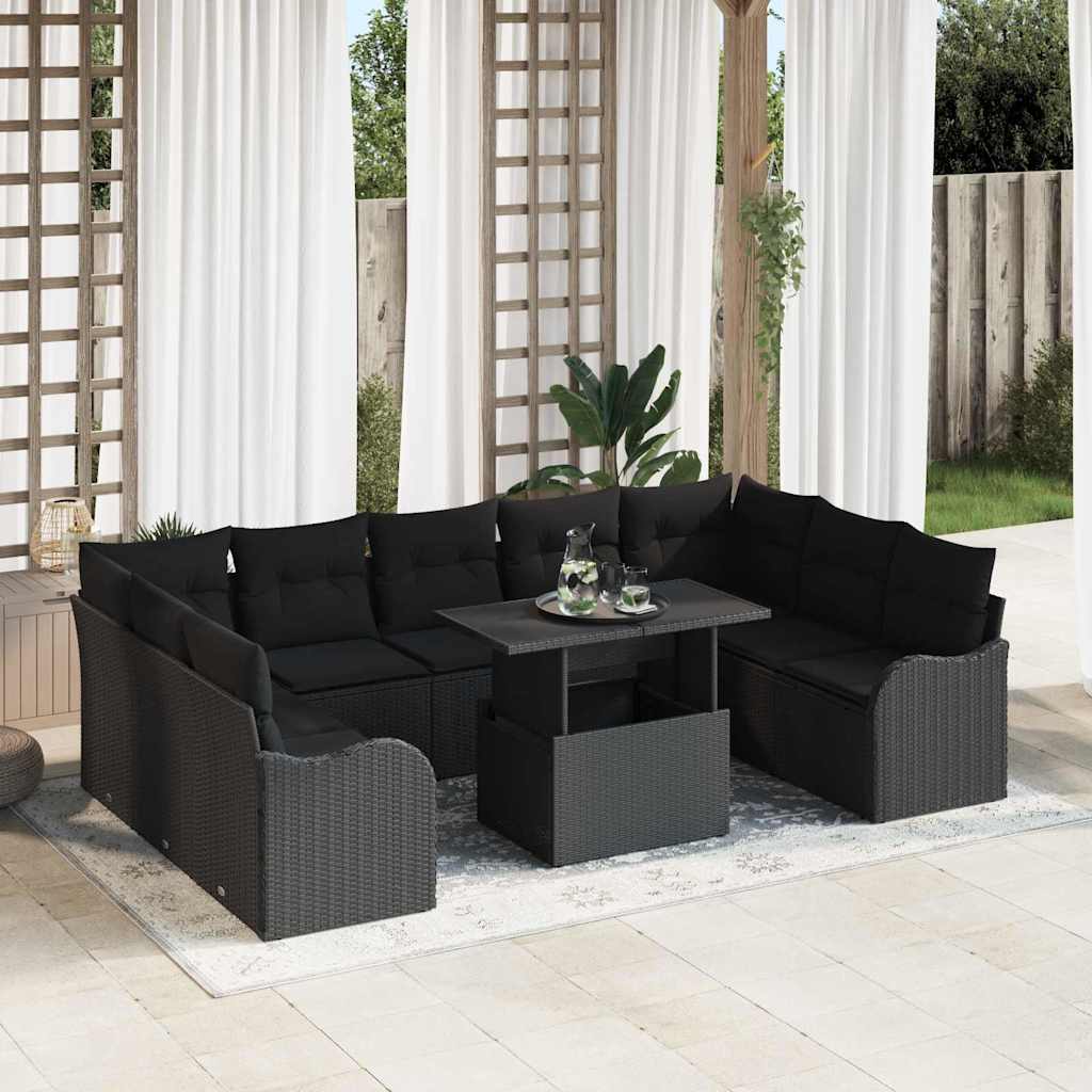 Tuin Sofa Set met kussen met kussen 10 pcs Zwart Poly Rattan is nu te koop bij PeponiXL, paradijselijk wonen!
