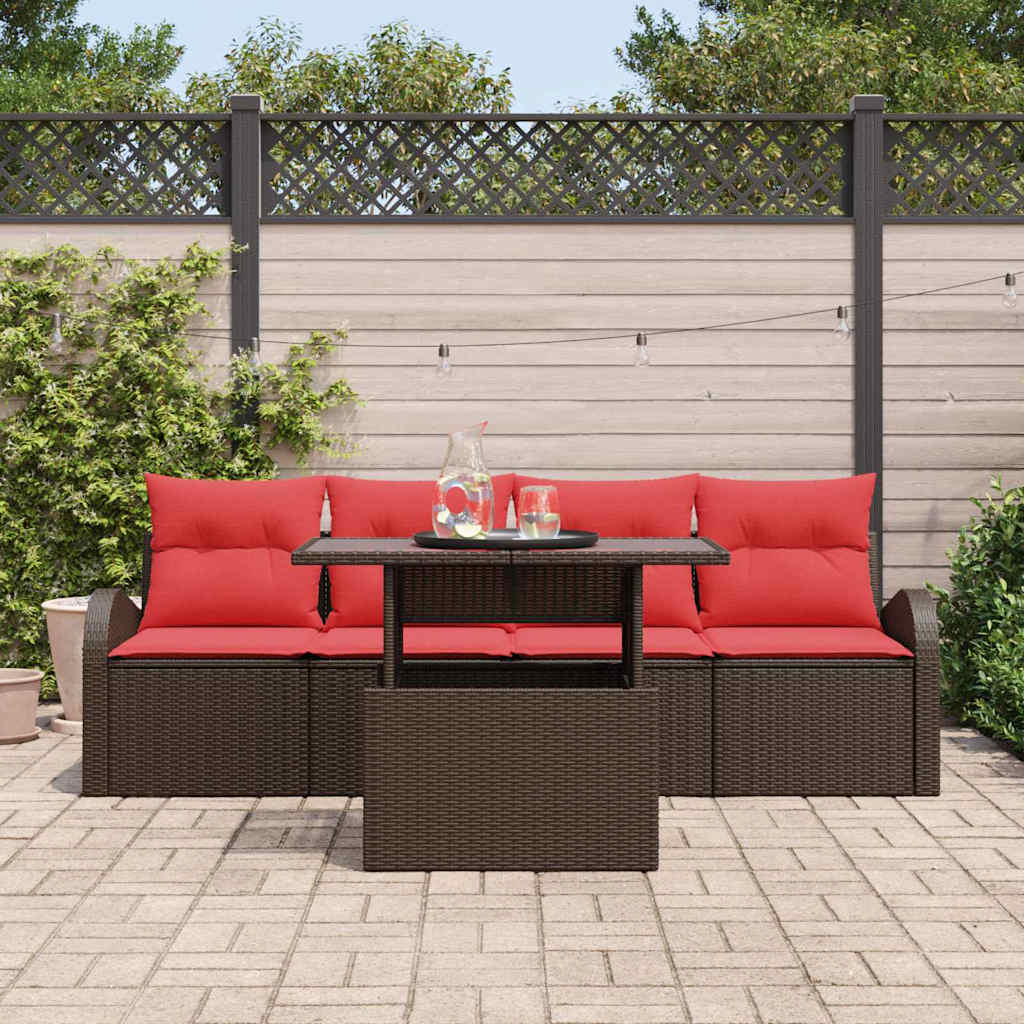 Tuin Sofa Set met kussen met kussen 5 pcs Bruin Poly Rattan is nu te koop bij PeponiXL, paradijselijk wonen!