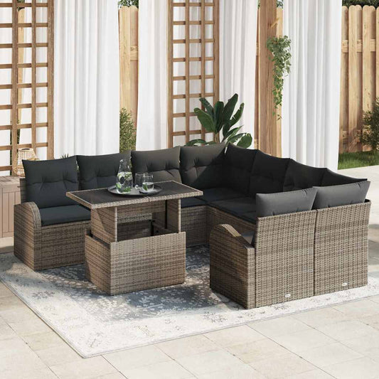 Tuin Sofa Set met kussen met opslag 9 pcs Grijs Poly Rattan is nu te koop bij PeponiXL, paradijselijk wonen!
